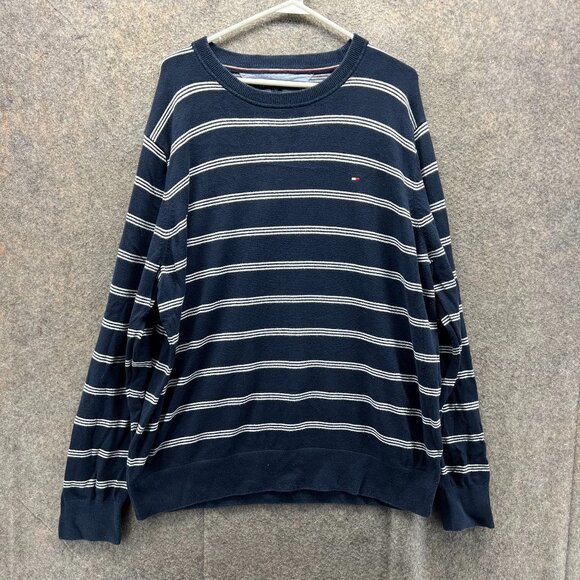 Tommy Hilfiger Sweatshirt Mens XXL Blue Striped Crewneck Pima Cotton Pullover - Picture 1 of 10
